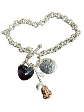 Beauty and the Beast Themed Charm Toggle Bracelet Silver Tone Rose Gold Rose